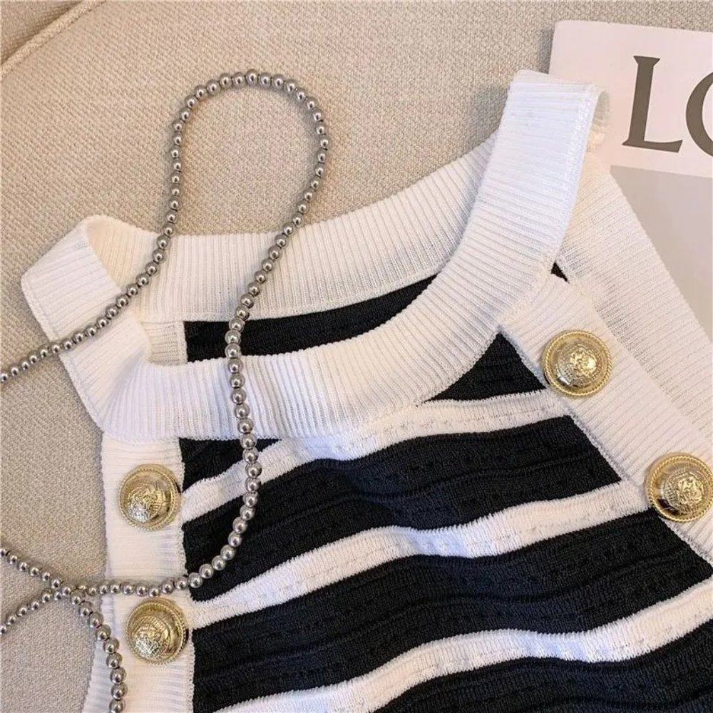 DAIMARAN Ghana Women's Tank Top Blouse Halter Slim Striped Sleeveless Black S - Picture 3 of 5